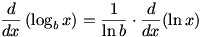 d/dx (log_b x)=(1/ln b) d/dx (ln x)