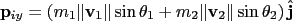 $\displaystyle \mathbf p_{iy} = \left({m_1\Vert\mathbf v_1 \Vert\sin\theta_1 + m_2\Vert\mathbf v_2 \Vert\sin\theta_2}\right)\hat{\mathbf j}$